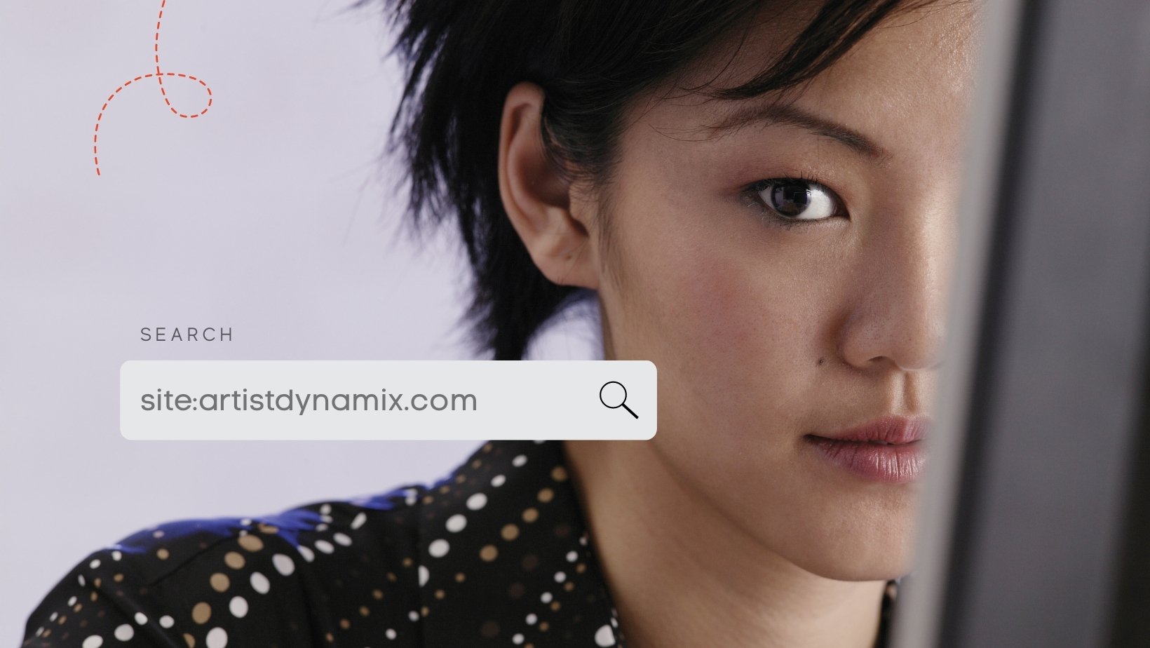 Graphic of woman at computer checking to see if her content has been indexed by Google with search bar superimposed on top of image