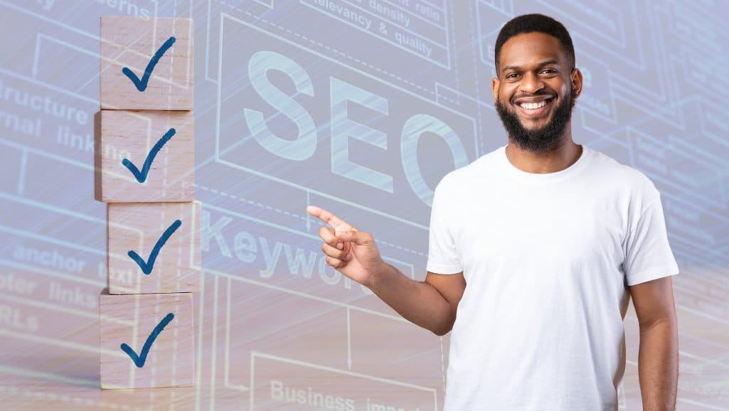 Man pointing to wooden blocks with checkmarks on them - SEO-related text in the background