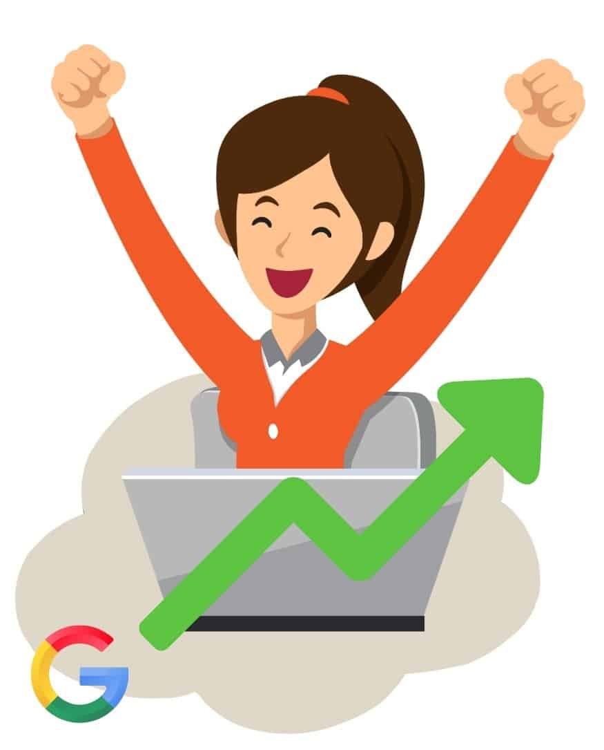 Illustration of woman celebrating at her laptop. There is a green trend line in the forefront of the image.