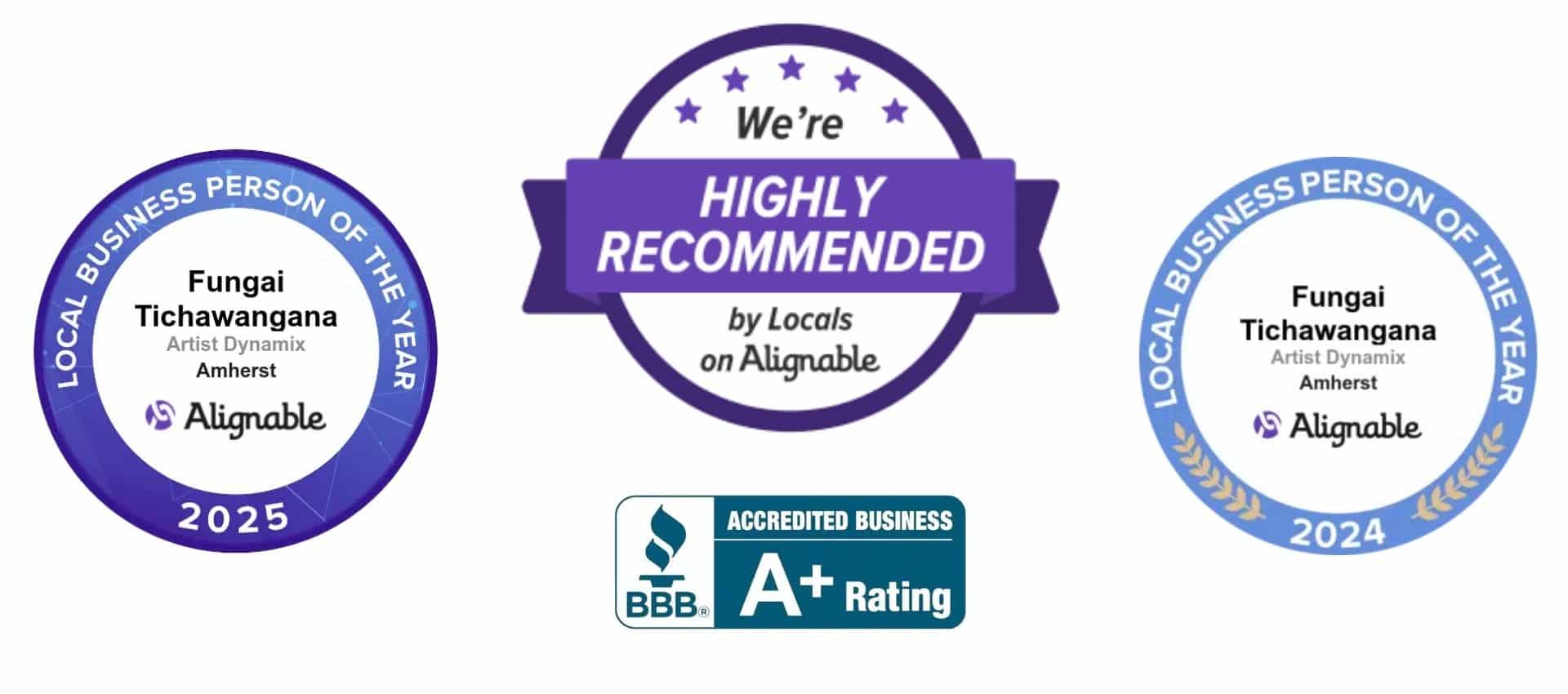 Badges showing Artist Dynamix recognition for Alignable Local Businessperson of the Year 2024 and 2025, and A+ Rating with the Better Business Bureau