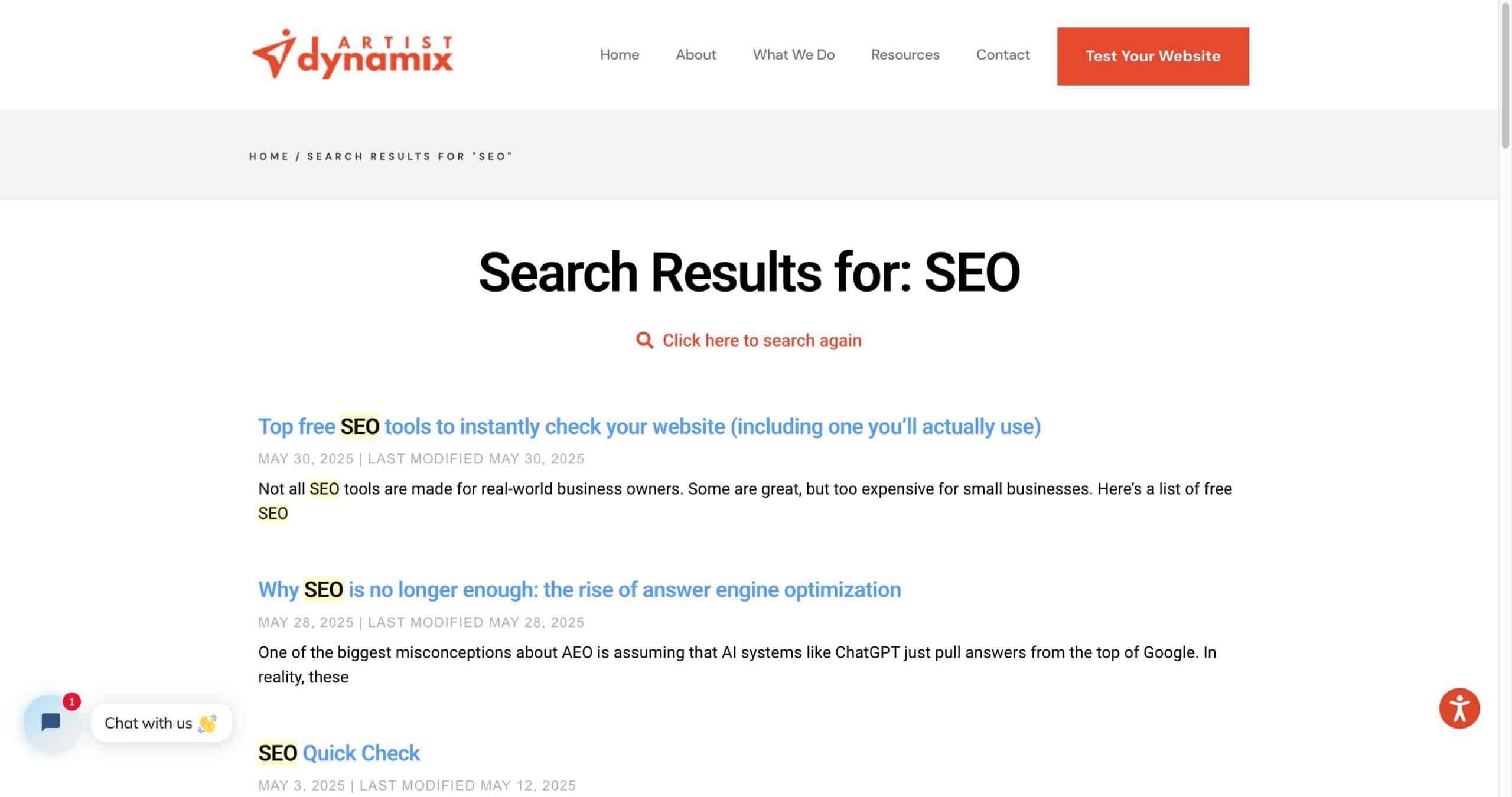 The new, improved search results page on the Artist Dynamix website.
